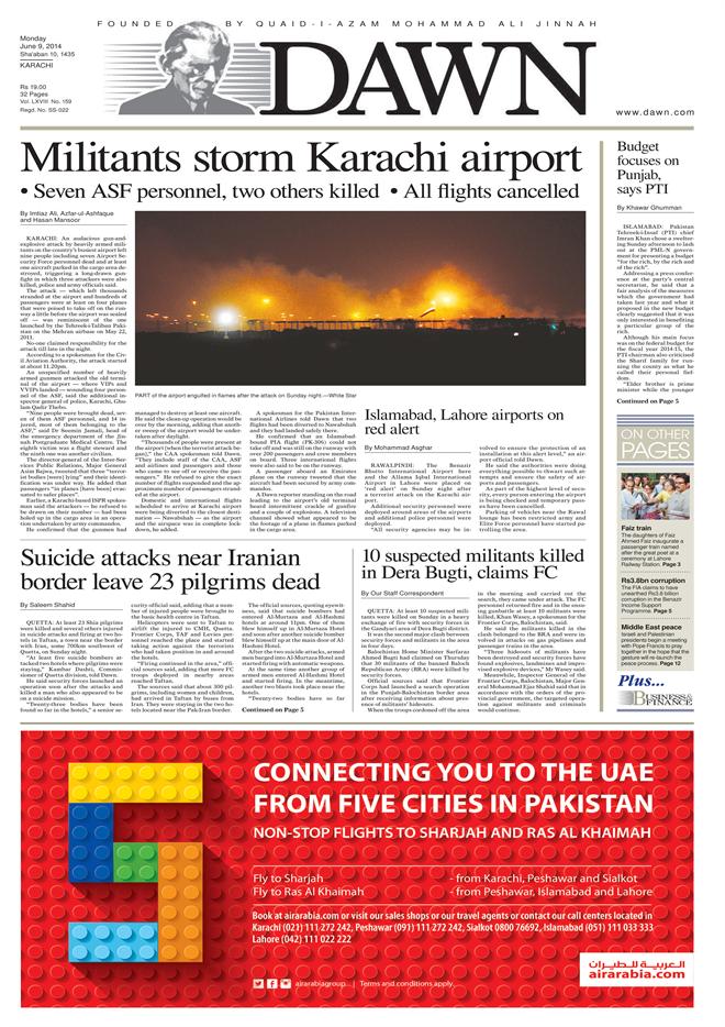 Front page DAWN 9 June 2014