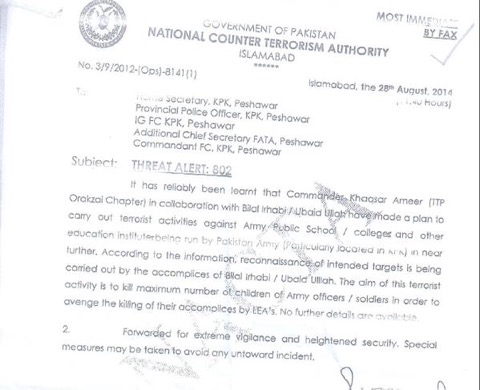 KP Govt Warned about Peshawar Attack