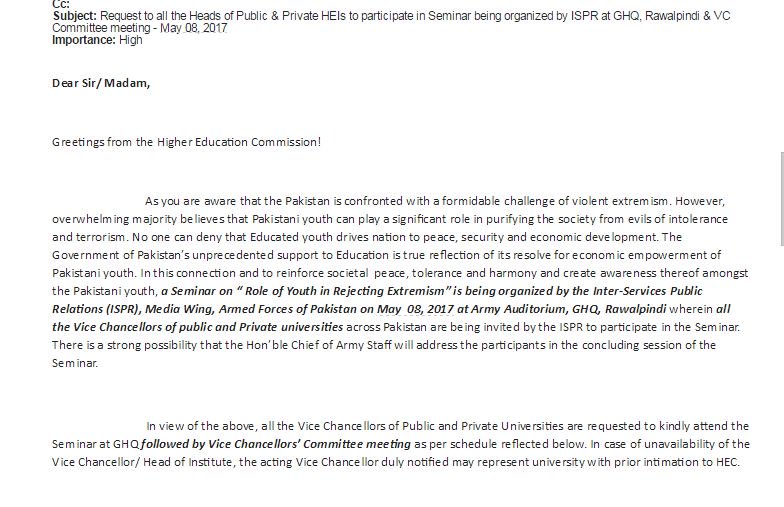 Email to University Vice Chancellors from GHQ